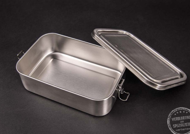 Brotbox Steel mit B&uuml;gelverschlu&szlig; als hochwertiges Kundengeschenk mit Gravur auf dem Deckel.