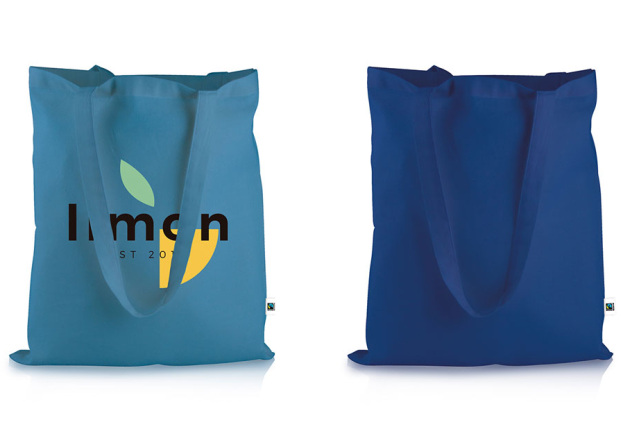 Zwei Stoffbeutel in Cyan und Royal als Werbeartikel aus Baumwolle.