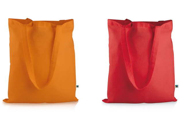 Stoffbeutel in cyan und in rot als Tasche f&uuml;r Messeauftritte.