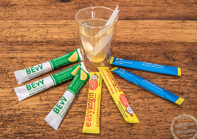 Werbetee in bedruckter Verpackung