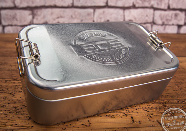 Brotzeitdose aus Blech mit Pr&auml;gung f&uuml;r ein Firmenjubil&auml;um