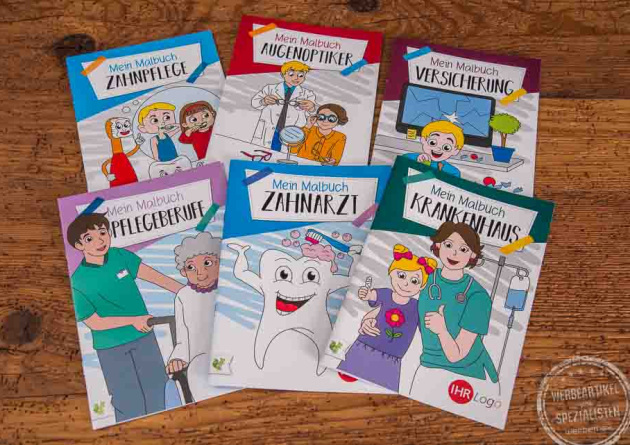 Auswahl an Werbemalb&uuml;chern DIN A5 mit Logo, branchenspezifische Themen wie Arztpraxis, Zahnarzt, Apotheke und IT als kreative Werbeartikel.