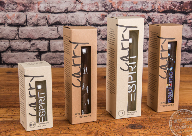 Nachhaltige Wasserflasche CARRY made in Germany in einer sch&ouml;nen Kartonverpackung als individuelles Kundengeschenk