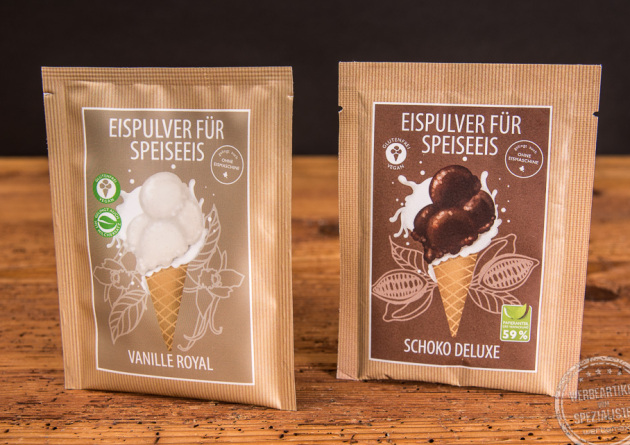 wellnuss Eispulver Schoko Deluxe und Vanille Royal im Portionsbeutel als Werbemittel.
