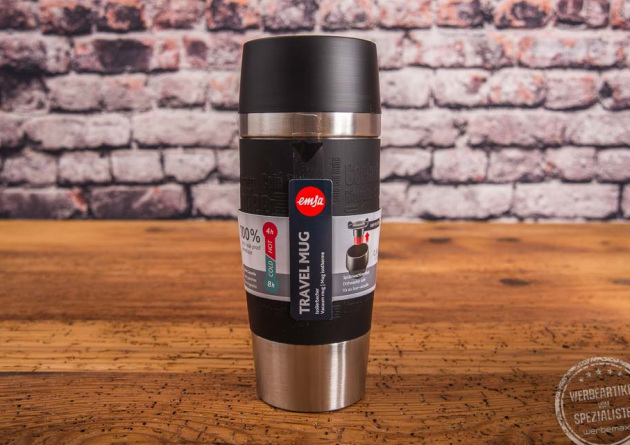 Schwarzer Kaffeebecher emsa Travel Mug mit Firmenlogo als hochwertiges Werbegeschenk.