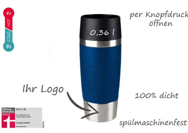 Detailbeschriftung des emsa travel mug Thermobecher blau mit Stiftung Warentext Urteil.