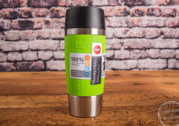 To go becher von emsa mit gr&uuml;ner Silikonmanschette als Kundengeschenk.