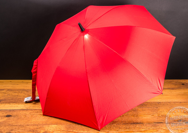 Fare AC Midi Stockschirm Skylight in rot von hinten auf Holzplatte als Werbegeschenk. 