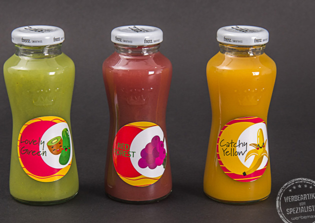 Frucht Smoothies als Werbeartikel in verschiedenen Geschmacksrichtungen