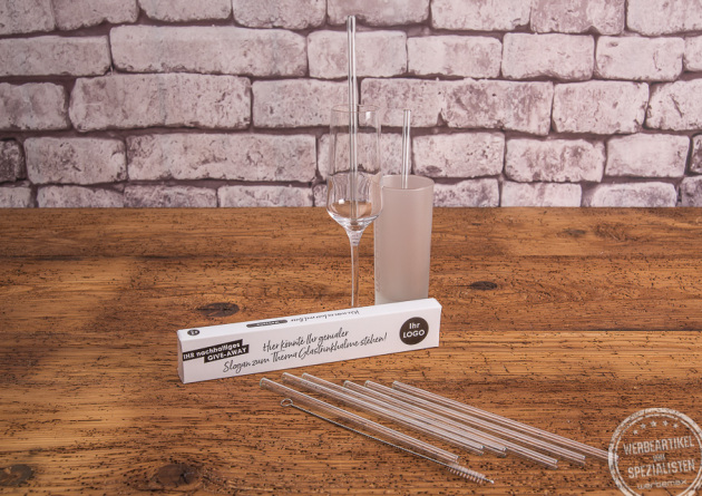 Glas Strohhalm mit Reinigungsb&uuml;rste mit Logo Gravur 