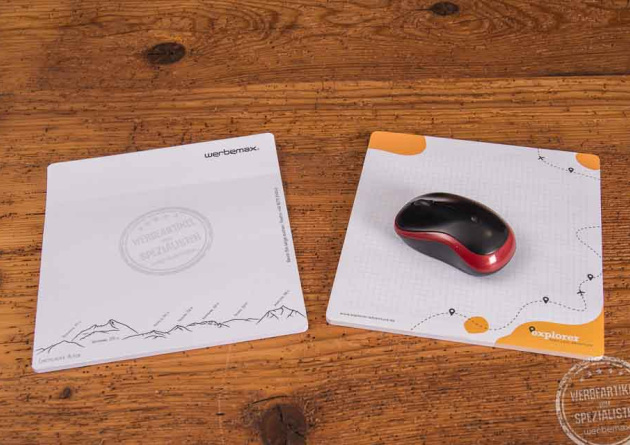 Mousepad und Haftnotizen als Werbegeschenk mit Logo und Mouse.