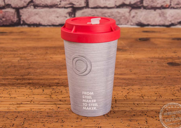 Kaffeebecher Heybico aus nachwachsenden Rohstoffen mit rotem Deckel