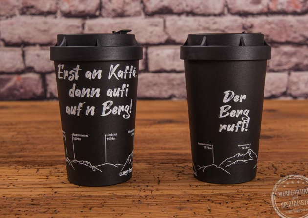Heybico nachhaltiger Coffee to go Becher in schwarz mit Aufdruck 