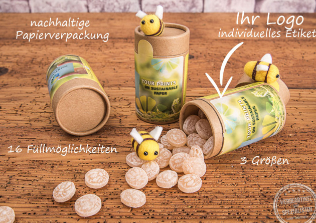 Honig-Bonbons als Merch in nachhaltige Papierdose mit Logo bedrucken