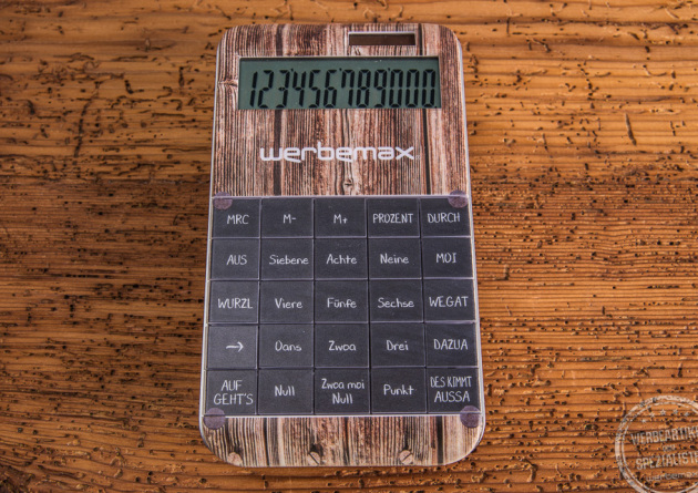 Werbeartikel Taschenrechner bedruckt in Holzoptik 