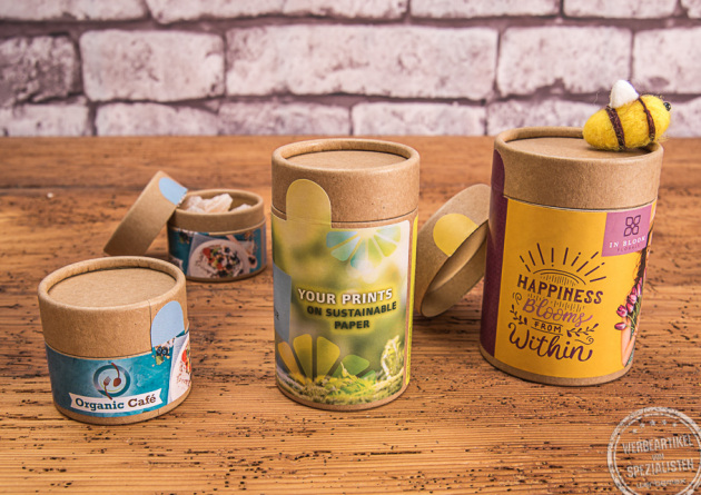 Papierdose Eco mit Bonbons als F&uuml;llung als Werbemittel