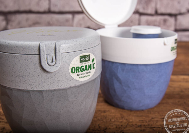 Zwei Bento Box in grau und in blau als Werbegeschenk von Koziol. 