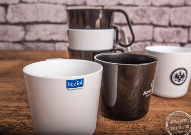 stapelbare Henkeltasse mit Werbedruck