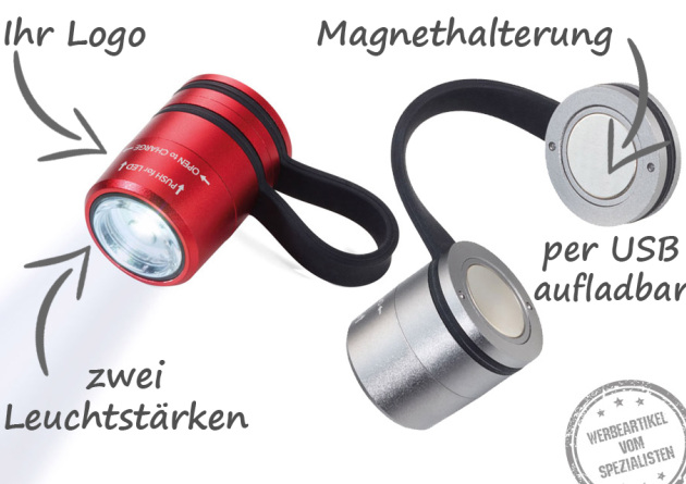 Magnet Taschenlampe in rot und silber von Troika mit Bildbeschriftung als Kundengeschenk.
