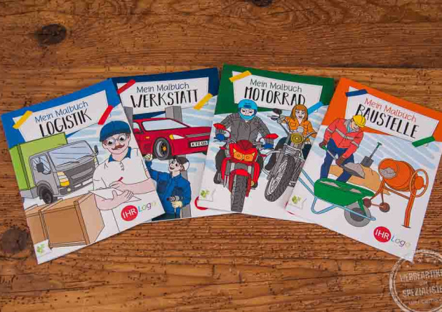 Werbemalb&uuml;cher DIN A5 mit Logo &ndash; branchenspezifische Motive f&uuml;r Logistik, Werkstatt, Handwerk und Bau als kreative Werbeartikel f&uuml;r Kinderaktionen und Events