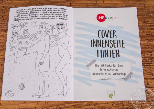 Werbemalbuch DIN A5 mit Logo – Beispiel für gestaltbare Innenseite und Coverrückseite, kombiniert mit Ausmalmotiv für Kinder.