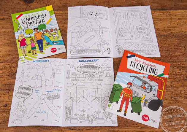Werbemalbuch DIN A5 mit Logo – Beispielthemen Recycling und Umweltschutz mit gestaltbaren Innenseiten als kreativer Werbeartikel für Kinder.
