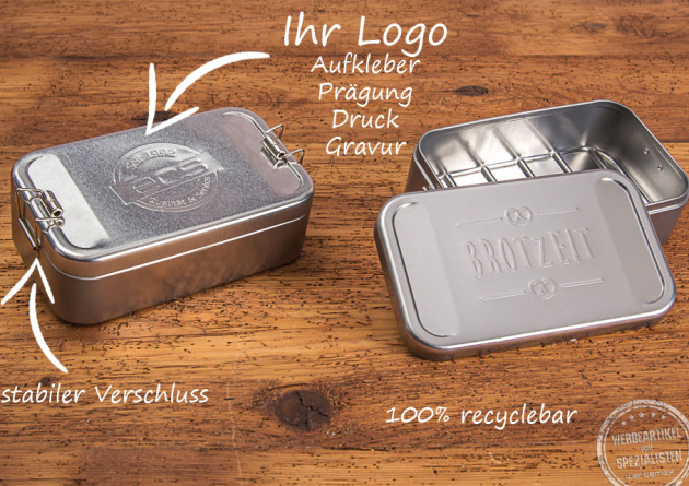 Lunchbox aus Blech mit einer Logo Prägung