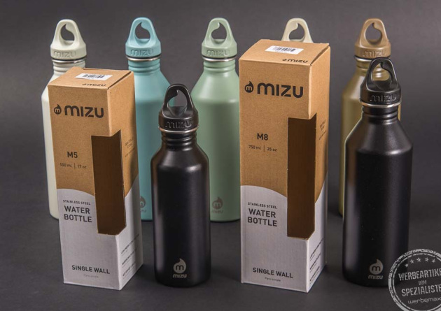 MIZU M5 und M8 Edelstahl-Trinkflaschen mit Werbekarton