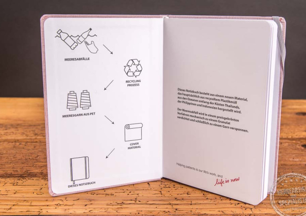 Aufgeklapptes rotes Ocean Book Notizbuch mit Informationen über die Herstellung des Notizbuches auf den ersten beiden Seiten.
