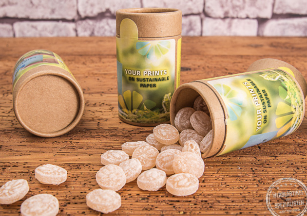 Nachhaltiger Werbeartikel: Papierdose mit Bonbons