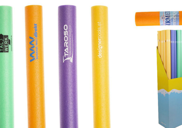 Farbige Poolnudeln mit Logo bedruckt als Auswahl