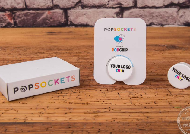 Popsocket in wei&szlig; mit Logodruck in verschiedenen Ansichten