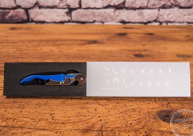 Pulltap Werbekellnermesser blau mit Logo in Kartonverpackung
