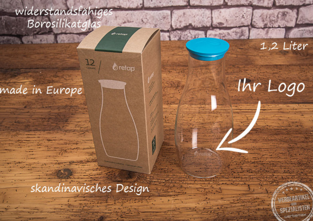 Skandinavische Wasserkaraffe mit Firmenlogo als Werbegeschenk 