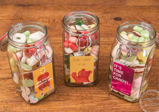 S&uuml;&szlig;e Werbung im Glas als Werbegeschenk mit Logo bedruckt