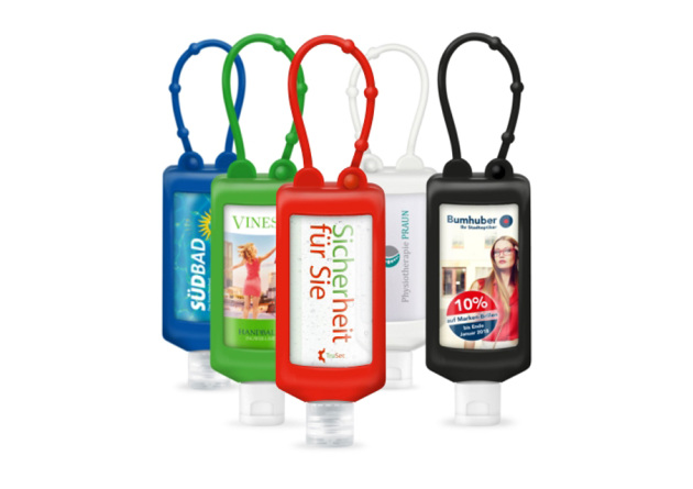 Bumper Handreinigungsgel mit Desinfektion in der 50 ml Flasche und Logodruck alle Farben von werbemax
