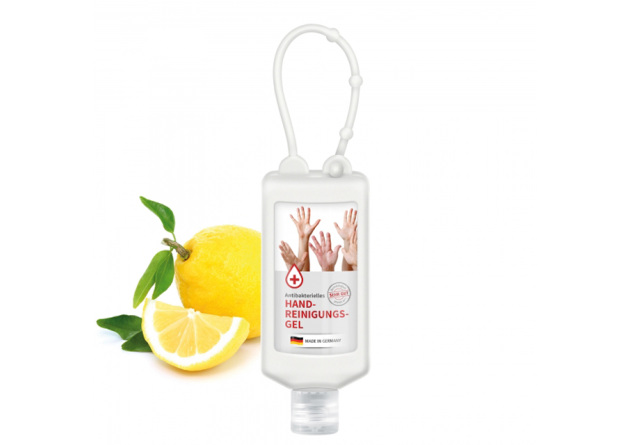 Bumper Handreinigungsgel mit Desinfektion in der 50 ml Flasche und Logodruck Silikonummantelung gefrostet weiß von werbemax