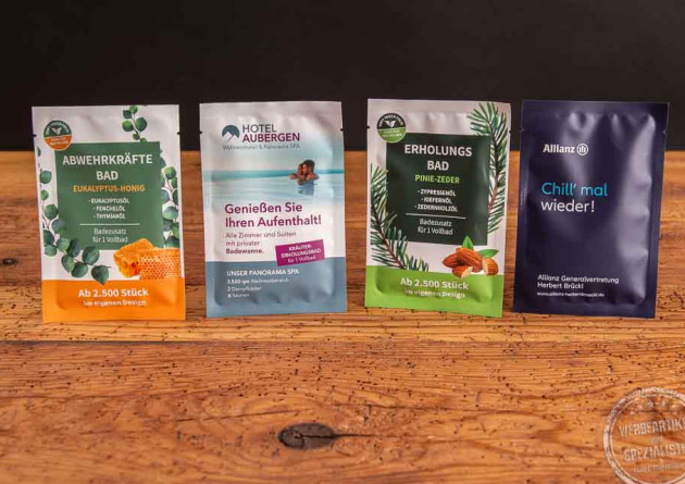 Badezusatz im Sachet mit Logodruck