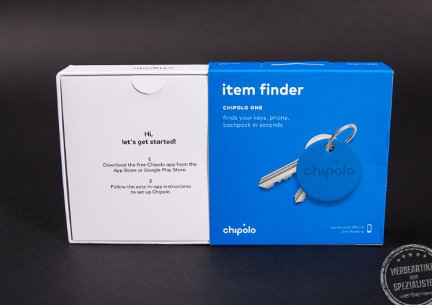 der beste schluesselfinder Cipolo Key Pop finder in blau mit Beschreibung auf Verpackung.