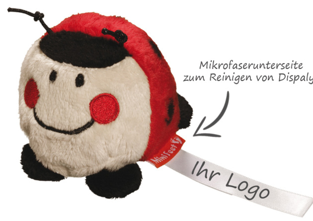 Niedlicher Displaycleaner in Form eines Marienk&auml;fers mit Microfaserunterseite f&uuml;r die Reinigung von Bildschirmen und Displays als Werbemittel.