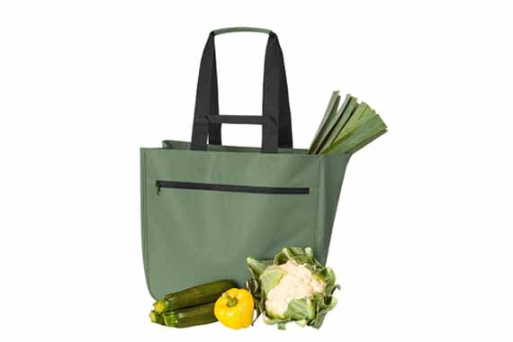 Einkaufskorb Softbasket von Halfar in einem dezenten Jadegrün mit Gemüse gefüllt