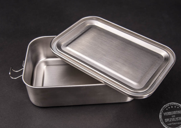 Lunchbox aus Edelstahl offen mit Dichtungsring als Mitarbeitergeschenk.