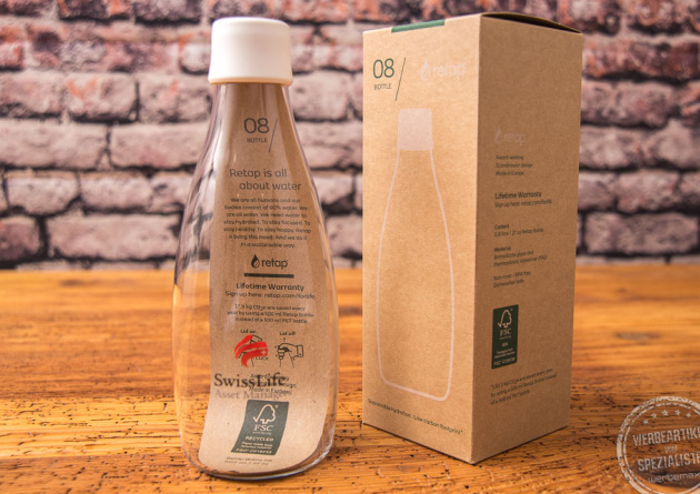 Retap Trinkflasche aus Borosilikatglas mit wei&szlig;em Deckel 