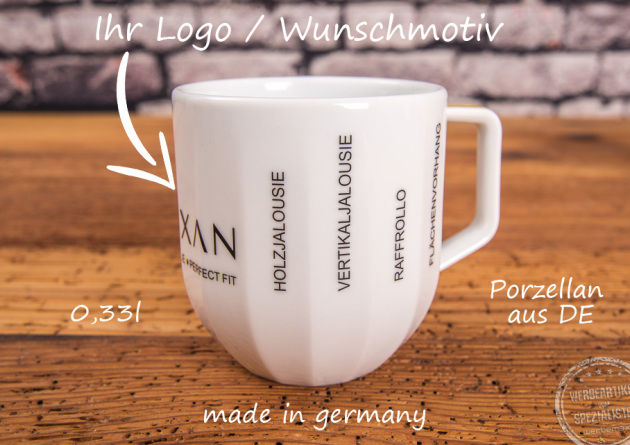 Kaffeebecher wei&szlig; aus Porzellan mit Logo