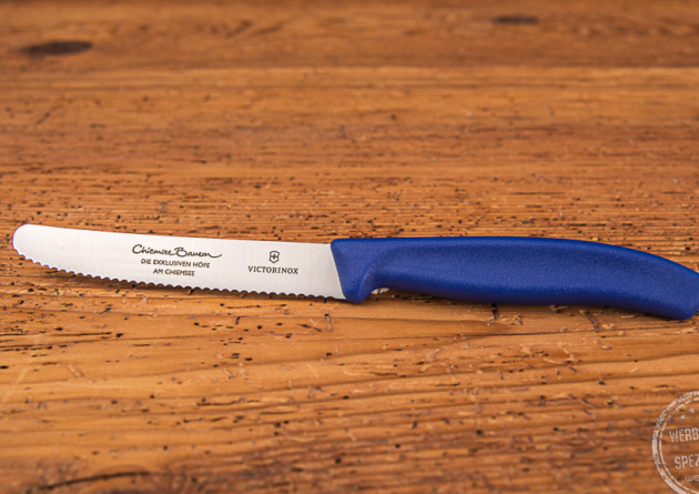 Blaues Victorinox Tomatenmesser mit Gravur Chiemgau Bauern 