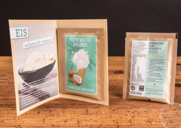 wellnuss Eispulver Sonderedition Himmlische Kokosnuss in der Werbekarte als Messeeinladung.