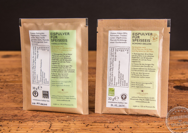 wellnuss Eispulver im Portionsbeutel als Giveaway Ansicht R&uuml;ckseite mit Inhaltsangaben und Anleitung zur Eisherstellung.
