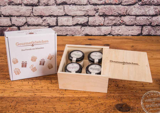 Gewuerzset 4er-Box mit Gravur auf Birkenholzbox Gourmetkaestchen 
