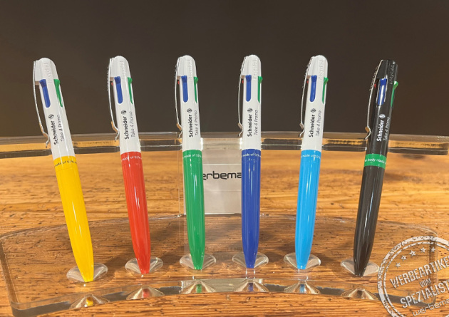 Sechs Werbekugelschreiber Schneider Take mit farbigem Schaft als Werbeartikel