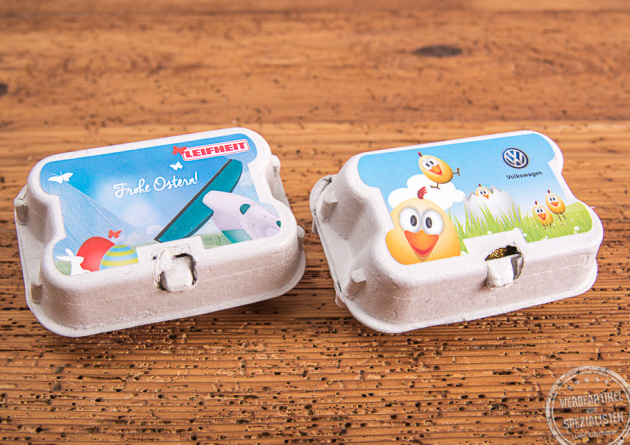 Bedruckte Eierkarton mit Schokoeiern gefüllt als Werbegeschenk